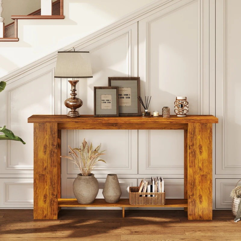 HOMCOM Farmhouse Console Table, 63" Narrow Entryway Table with Thickened Tabletop for Living Room, Hallway, Distressed Brown