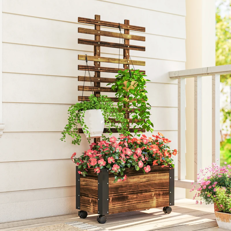 Outsunny Wooden Raised Garden Bed, Planter Box w/ Trellis and Metal Corners, Portable on Wheels for Patio, Backyard, Deck, Brown