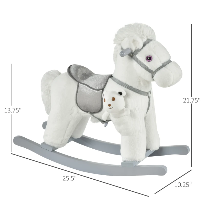 Qaba Kids Rocking Horse with Bear Toy, Plush Animal Rocker with Fun Realistic Sounds for Toddler 18-36 Months, White