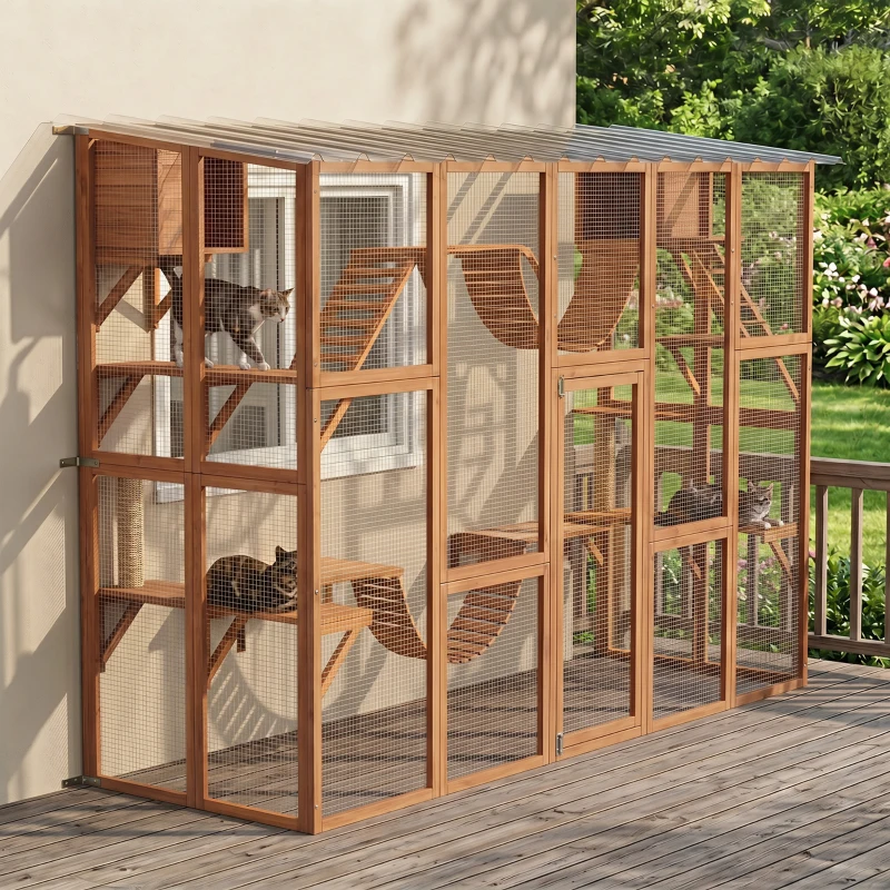 PawHut Catio Playground Cat Window Box Outside Enclosure for Multiple Cats w/ Shelves & Bridges, Orange