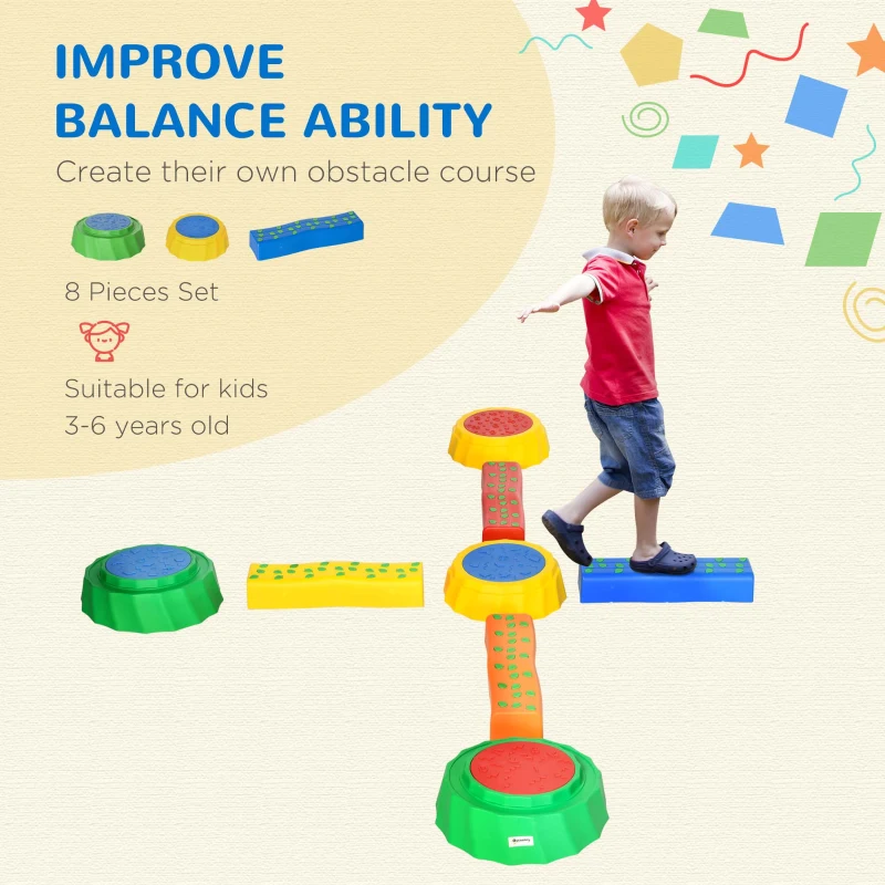 Outsunny 8pcs Balance Beam for Kids, 4 Sensory Pads and 4 Beams with Non-slip Surface & Bottom, Stackable Stepping Stones Kids for Boys Girls 3-6 Years, Multicoloured