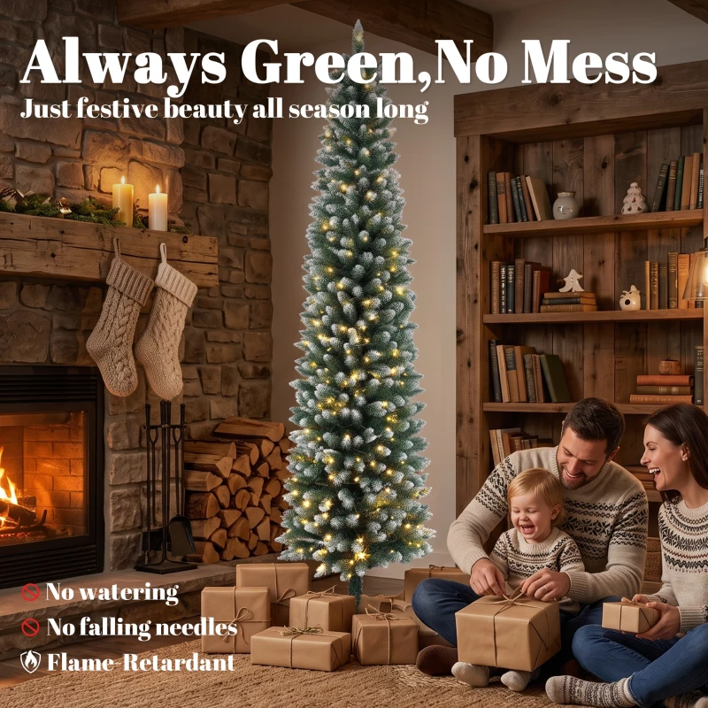 HOMCOM 6ft Pencil Prelit Christmas Tree, Dual Color LEDs, Flocked, Remote, Slim Xmas Tree with 11 Modes, Green White