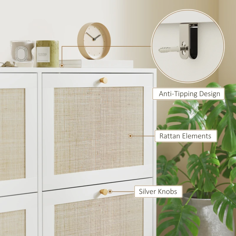 HOMCOM Narrow Shoe Storage Cabinet, Rattan Shoe Cabinet with 4 Flip Drawers and Adjustable Shelves for 20 Pairs, White