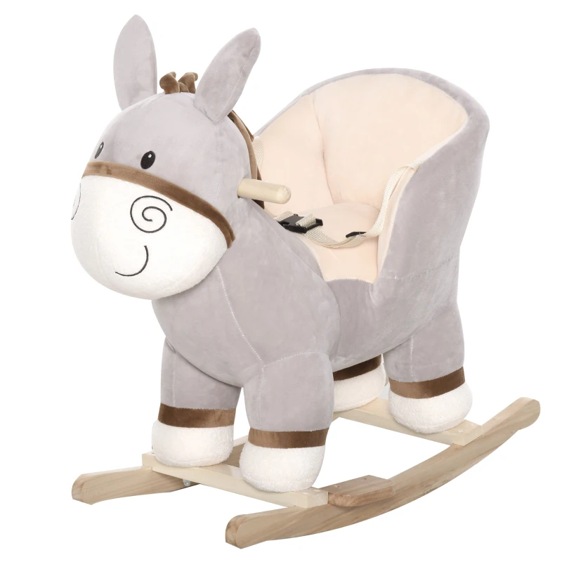 Qaba Kids Rocking Chair, Plush Ride On Rocking Horse Donkey with Sound, Wood Base Seat, Safety Belt, Baby Toddler Rocker Toy for 18 - 36 Months, Gray