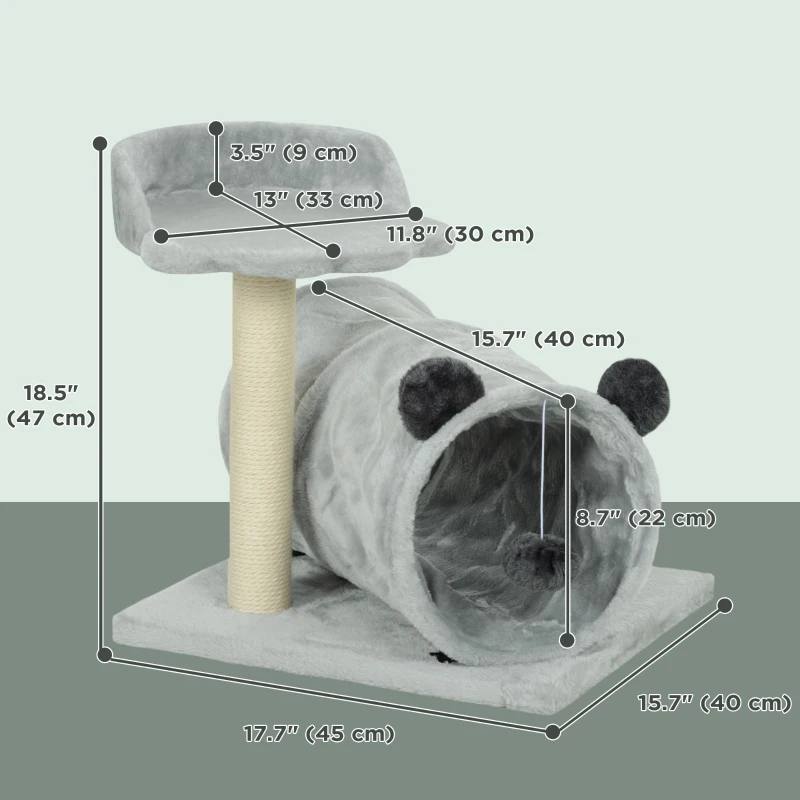 PawHut 18.5" Small Cat Tree, Compact Cat Tower with Tunnel, Scratching Post, Plush Bed, Dangling Ball, for Indoor Use, Grey