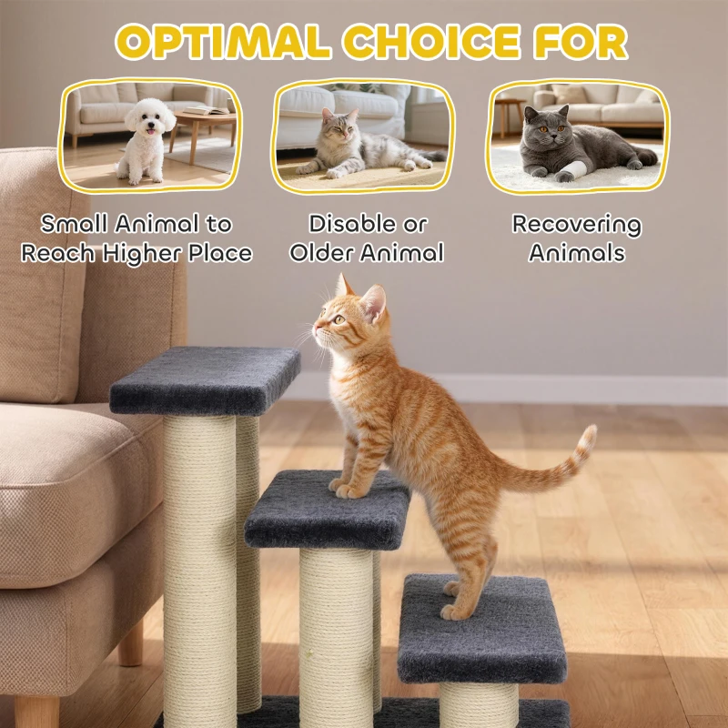 PawHut Cat Trees 3 Tier Pet Stairs Dog Cat 3 Steps Kitty Scratching Post Cat Scratch Furniture Dark Grey