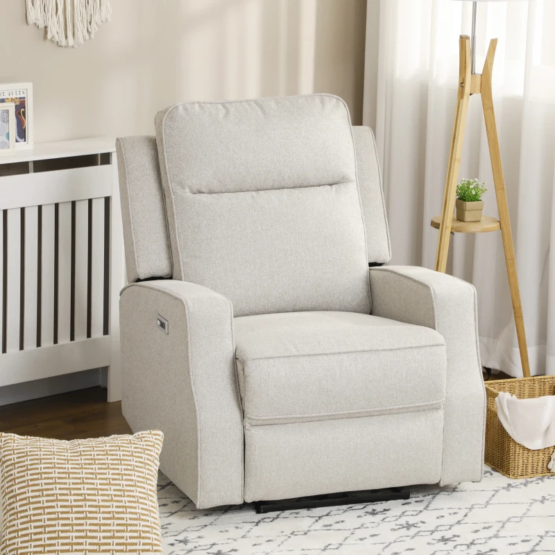 HOMCOM Electric Power Recliner, Wall Hugger Armchair with USB Charging Station, Sofa Recliner with Linen Upholstered Seat and Retractable Footrest, Cream White
