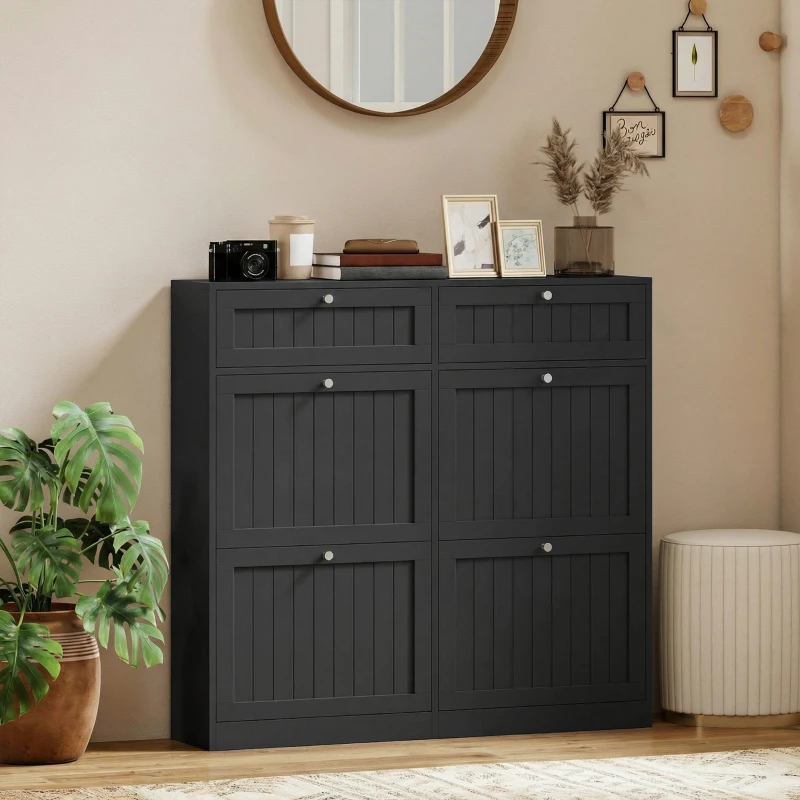 HOMCOM Shoe Cabinet with 2 Large Flip Drawers, Farmhouse Narrow Shoe Storage Cabinet with 2 Top Compartments, Black