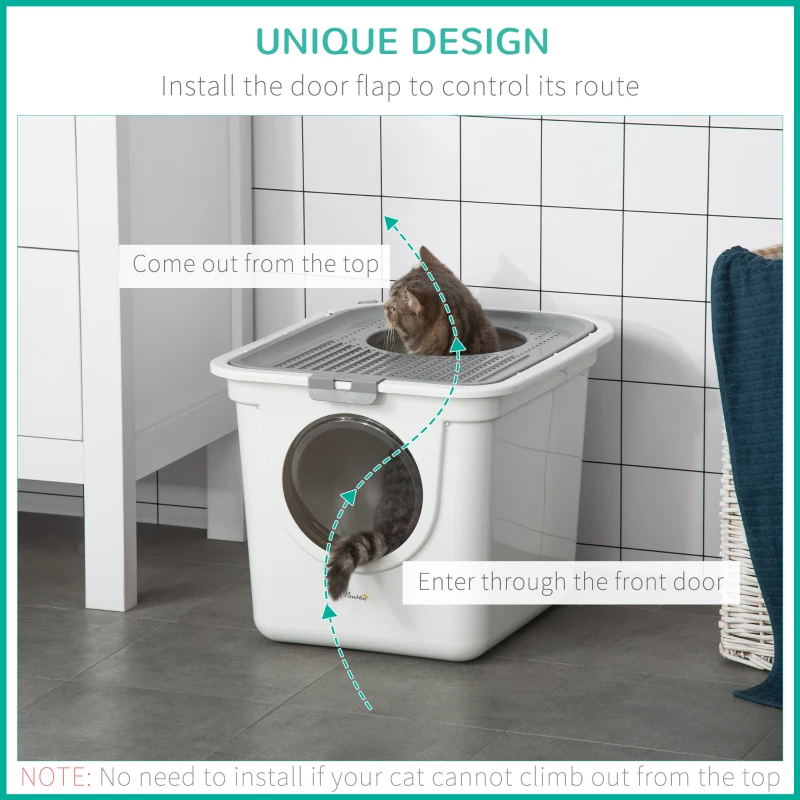 PawHut Covered Cat Litter Box, Easy Cleaning Kitty Litter Box with Front Entrance, Top Exit, Scoop, for Odor Control, White