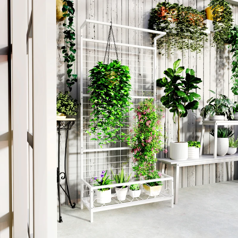 Outsunny Metal Tall Plant Stand with Trellis and Hanging Bar, Plant Holder for Indoor Outdoor Use, 35" x 12.8" x 74", White
