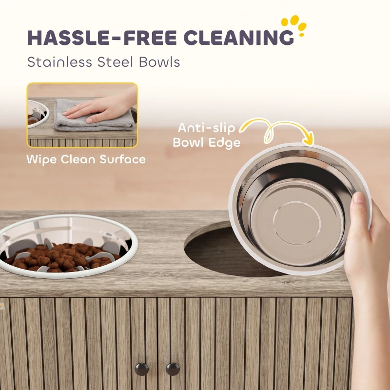 PawHut Elevated Dog Bowls with Storage Cabinet,  2 Stainless Steel Bowls, Slow Feeder, Dog Feeding Station for Large Dogs, Brown Wood Grain