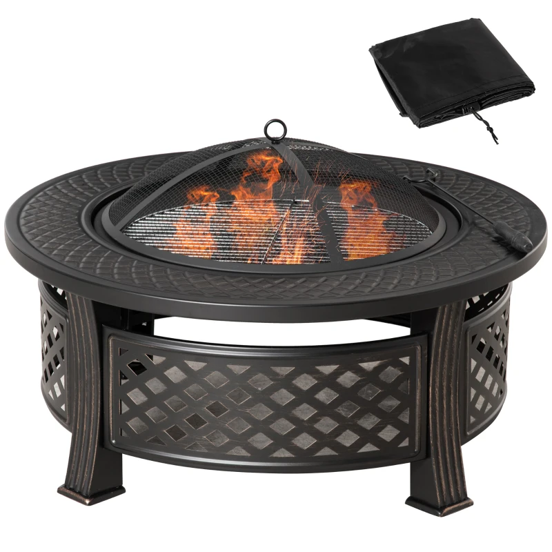 Outsunny 32" Outdoor Fire Pit Grill & Ice Bucket Table, Portable Steel Wood Burning Bowl, Cooking Grate, Poker, Rain Cover, Spark Screen Lid