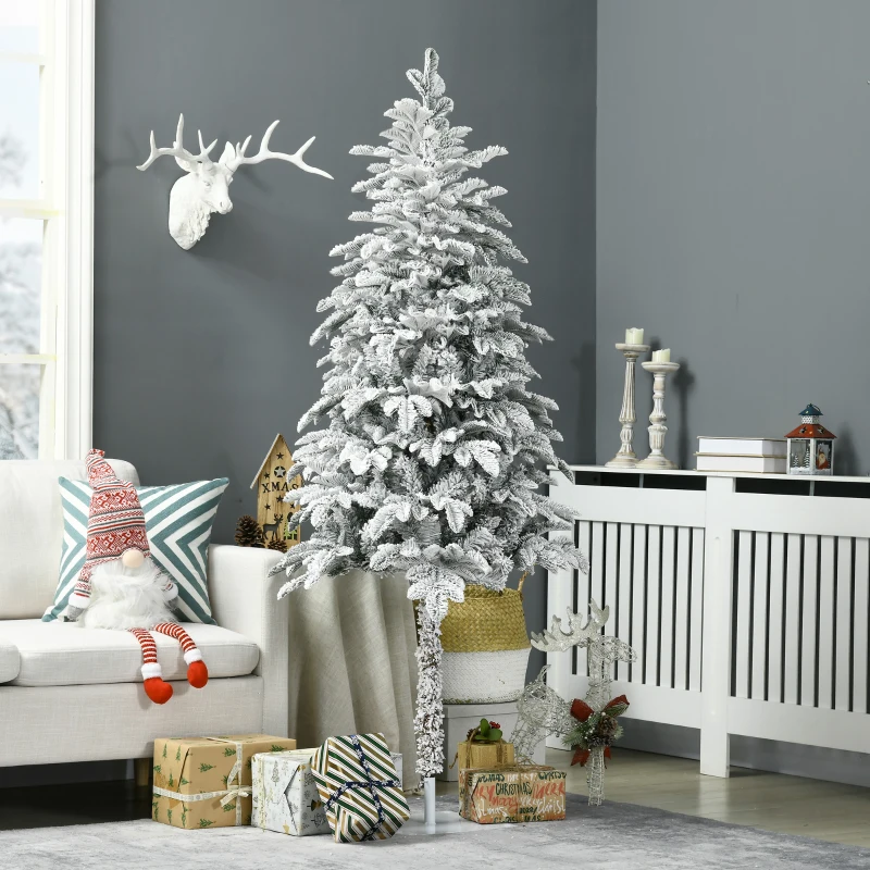 HOMCOM 6' Artificial Flocked Christmas Trees, with Snow Frosted Branches, Auto Open, Steel Base