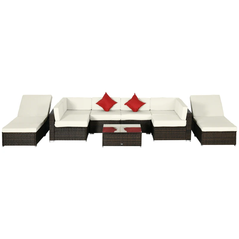 Outsunny 9-Piece Outdoor Patio Sectional Furniture Set, Throw Pillows, 8 Seat Sofa Set, 2 Reclining Chaise Lounge Chairs, Coffee Table, Wicker Conversational Couch, Cushions, Beige