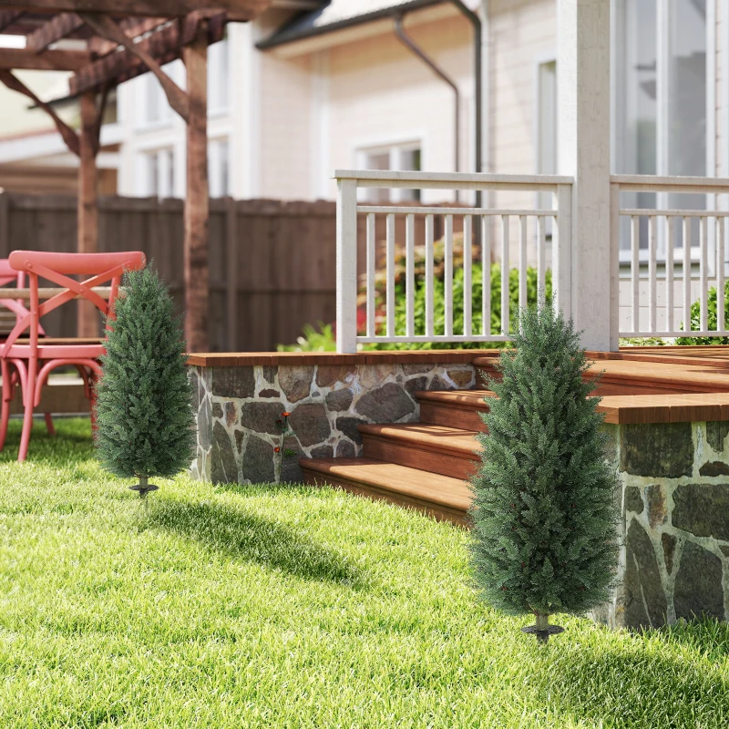 HOMCOM 43.3 Inch Set of 2 Artificial Cypress Topiary Tree, Indoor Outdoor UV Resistant Faux Plants with Ground Stake for Garden
