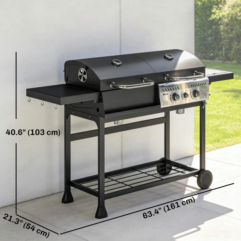Outsunny Dual Fuel BBQ Grill, Charcoal and 2+1 Gas Burner Barbecue Grill with Wheels, Warming Rack, Black