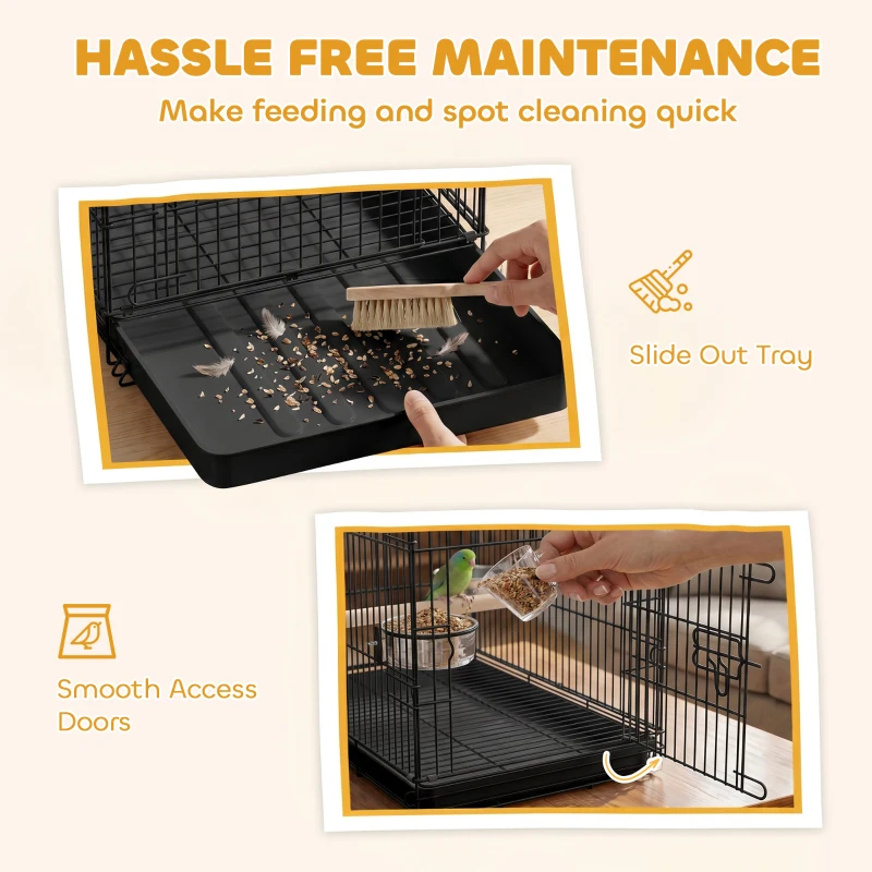 PawHut Bird Cage Portable w/ Slide-Out Tray Travel Cage for Parakeets w/ Perch & Food Bowls Black