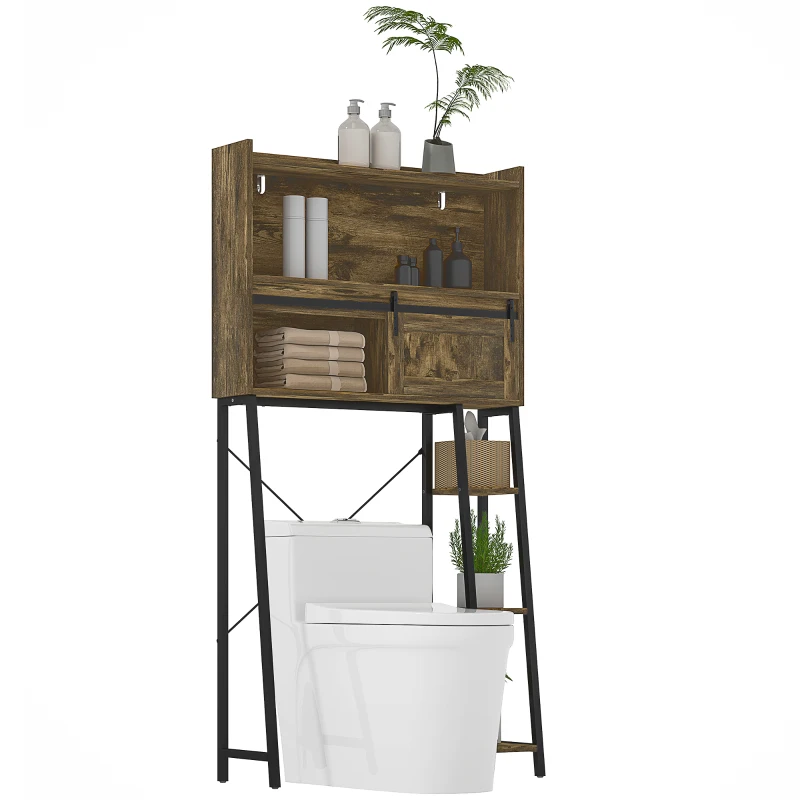 HOMCOM Over the Toilet Storage Cabinet, Over Toilet Bathroom Organizer with 3 Compartments, 4 Open Shelves, Rustic Brown