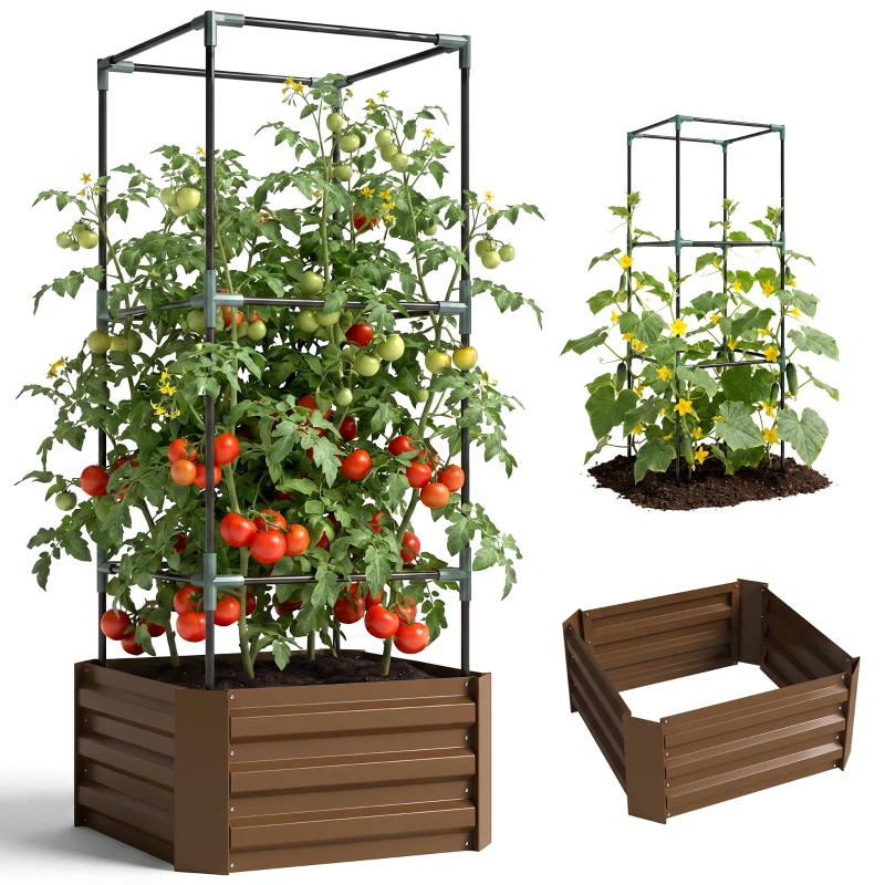 Outsunny Galvanized Planter Box, Outdoor Raised Garden Bed with 3-Tier Trellis Tomato Cage for Climbing Vines, Vegetables, Brown