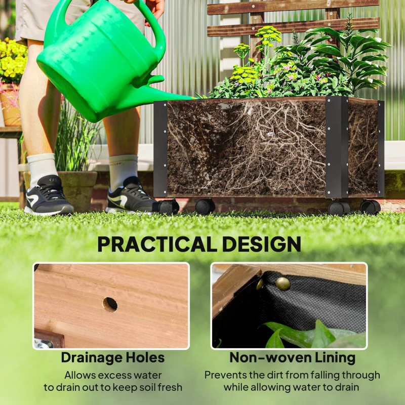 Outsunny Wooden Raised Garden Bed, Planter Box w/ Trellis and Metal Corners, Portable on Wheels for Patio, Backyard, Deck, Brown