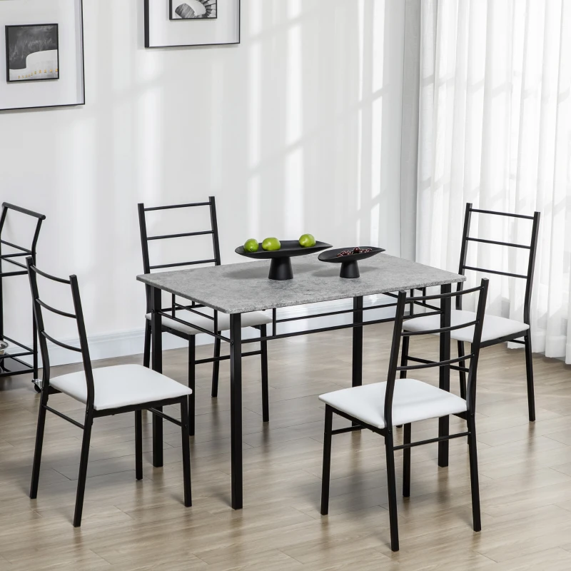 HOMCOM Kitchen Table and Chairs for 4, Modern Dining Table Set with Padded Sponge Cushion Chairs and Marble Textured Dining Table, Light Grey and Black