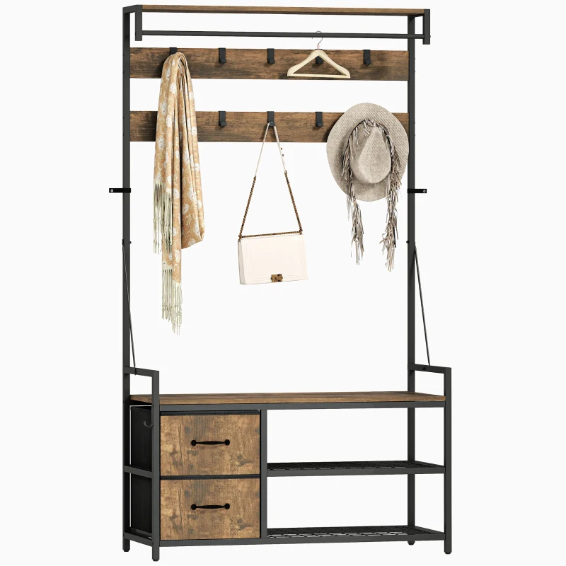 HOMCOM 6-In-1 Hall Tree with Shoe Storage, Coat Rack Shoe Storage with 10 Hooks, 2 Fabric Drawers, Rustic Brown