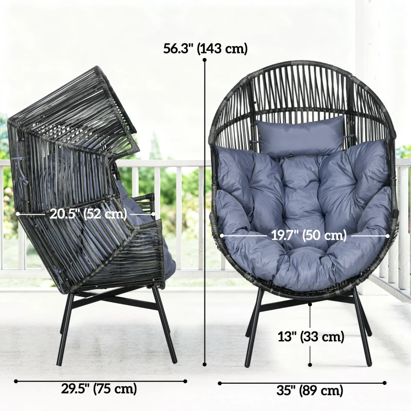 Outsunny Wicker Egg Chair Outdoor Indoor Rattan Oversized Patio Lounge Chair with 5.5" Cushions and Headrest, Grey