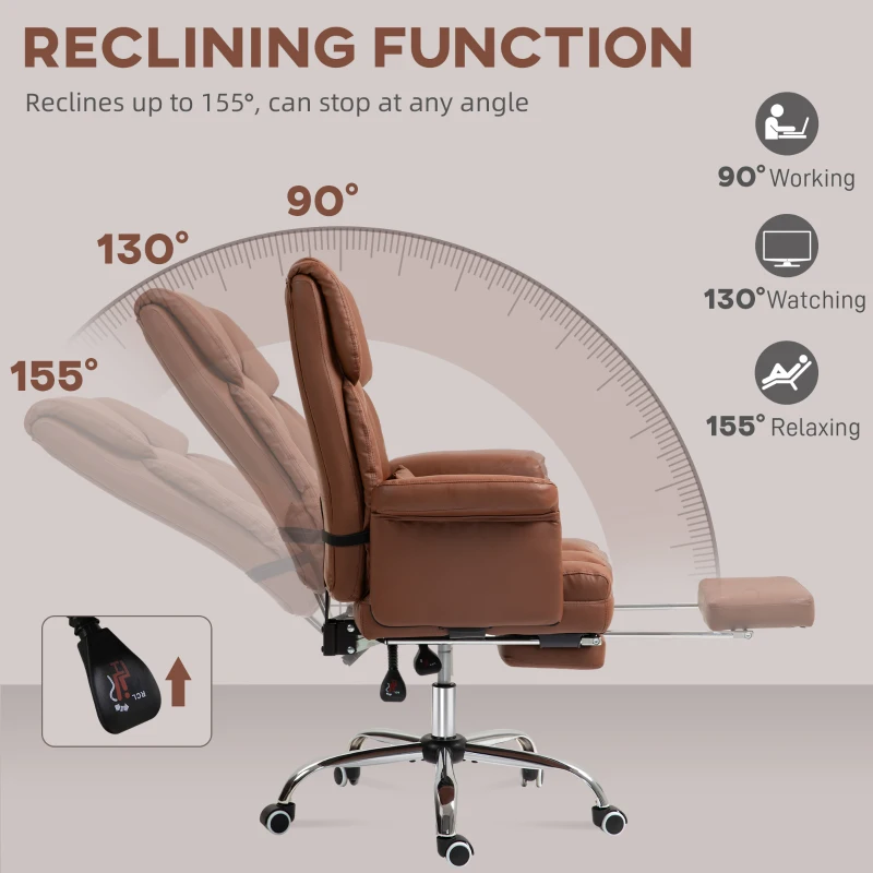 HOMCOM Executive Office Chair with Footrest and Lumbar Support, PU Leather Desk Chair, Ergonomic, Reclining and Swivel, Brown