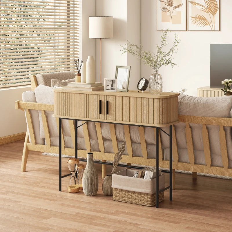 HOMCOM Mid-Century Entryway Table, Narrow Console Table with Storage Compartments for Behind Couch, Living Room, Oak and Black