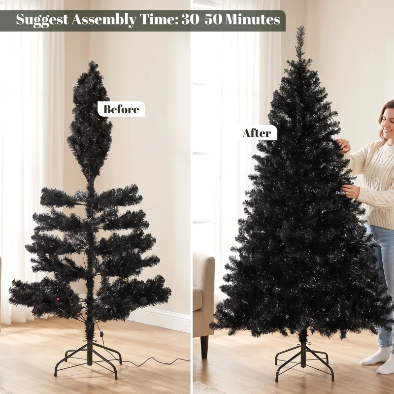 HOMCOM 6ft Pre-lit Black Christmas Tree, Artificial Halloween Tree with 680 Purple LED Lights, 680 Tips, Metal Stand, Black