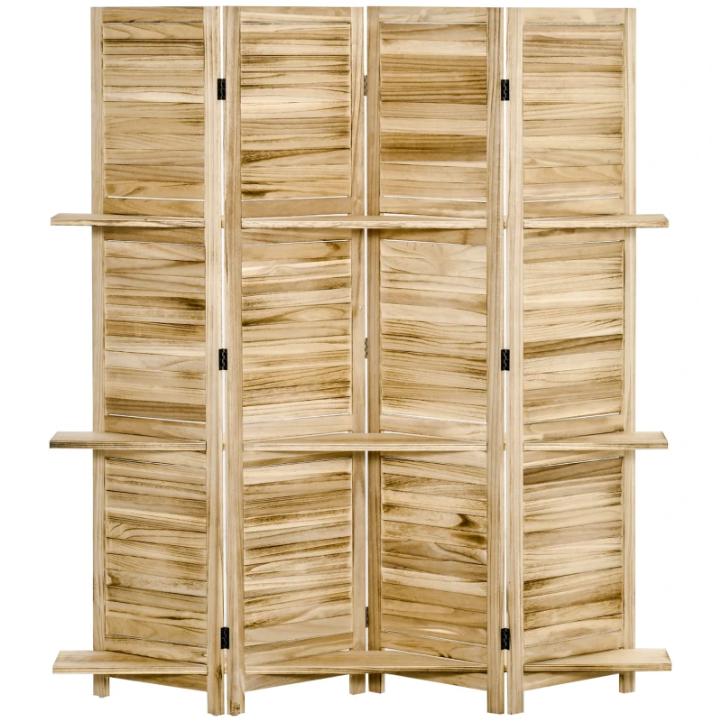 HOMCOM Room Divider, 4 Panel 67" Tall Wood Privacy Screen with 3 Display Shelves, and Folding Storage for Bedroom or Home Office, Natural Wood Color