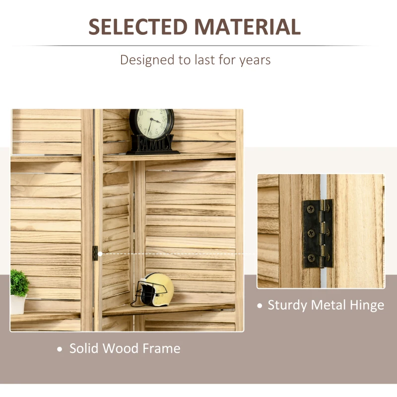 HOMCOM Room Divider, 4 Panel 67" Tall Wood Privacy Screen with 3 Display Shelves, and Folding Storage for Bedroom or Home Office, Natural Wood Color