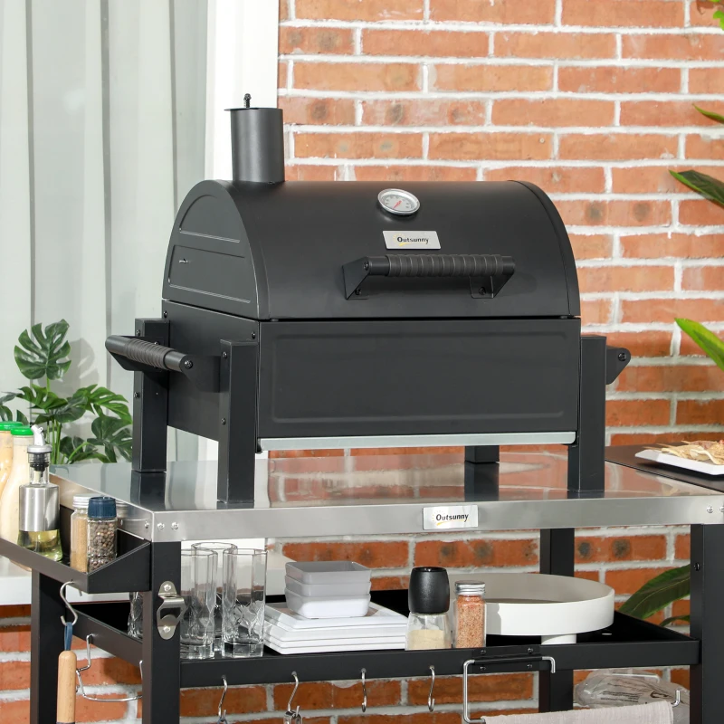 Outsunny Tabletop Charcoal Grill, Portable BBQ with Ash Catcher and Thermometer for Backyard, Camping, Picnic, Black