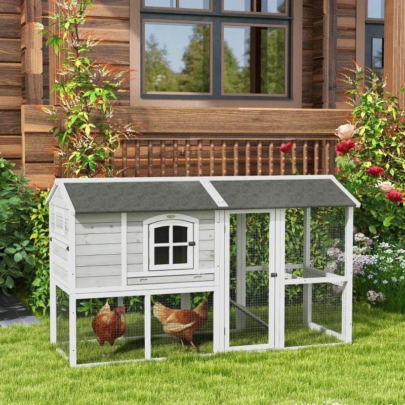 PawHut Wooden Chicken Coop with Run for 3 - 4 Chickens, Hen House with Nesting Box, Removable Tray, Outdoor Poultry Cage, 77.5" x 32.5" x 46", Light Gray