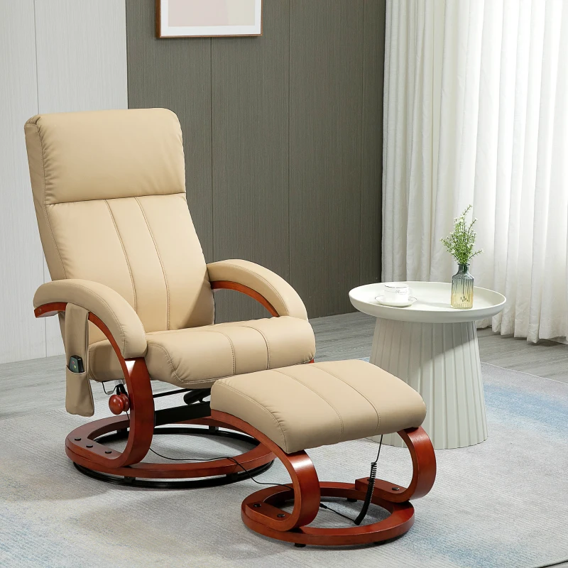 HOMCOM Recliner Chair with Ottoman, Electric Faux Leather Recliner with 10 Vibration Points and 5 Massage Mode, Beige