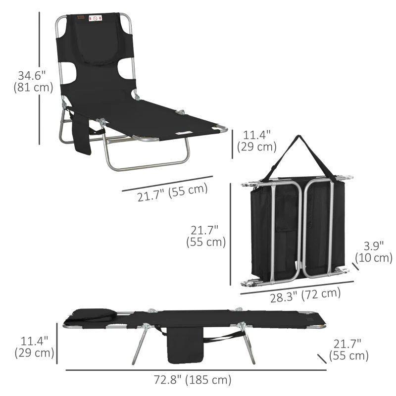 Outsunny Folding Outdoor Lounge Chair, 5-Level Tanning Chair with Face Hole, Side Pocket, Carry Strap for Beach Pool, Black