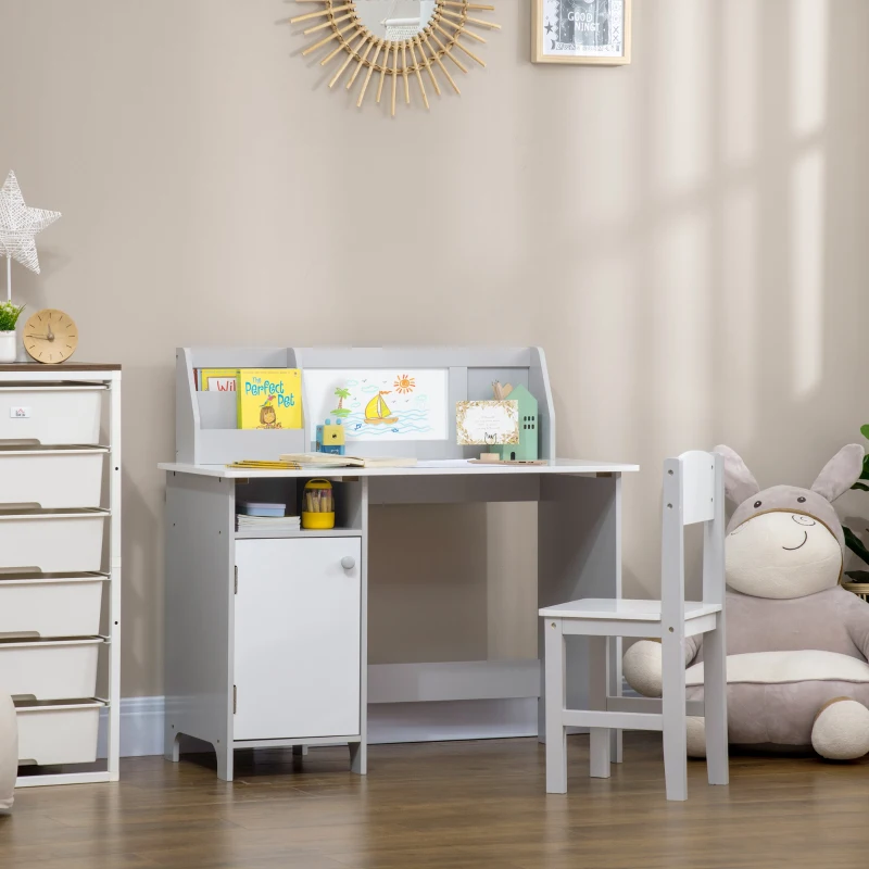 Qaba Toddler Table and Chair Set, Kids Writing Desk Homework Table with Whiteboard, Storage Cabinet, Gray