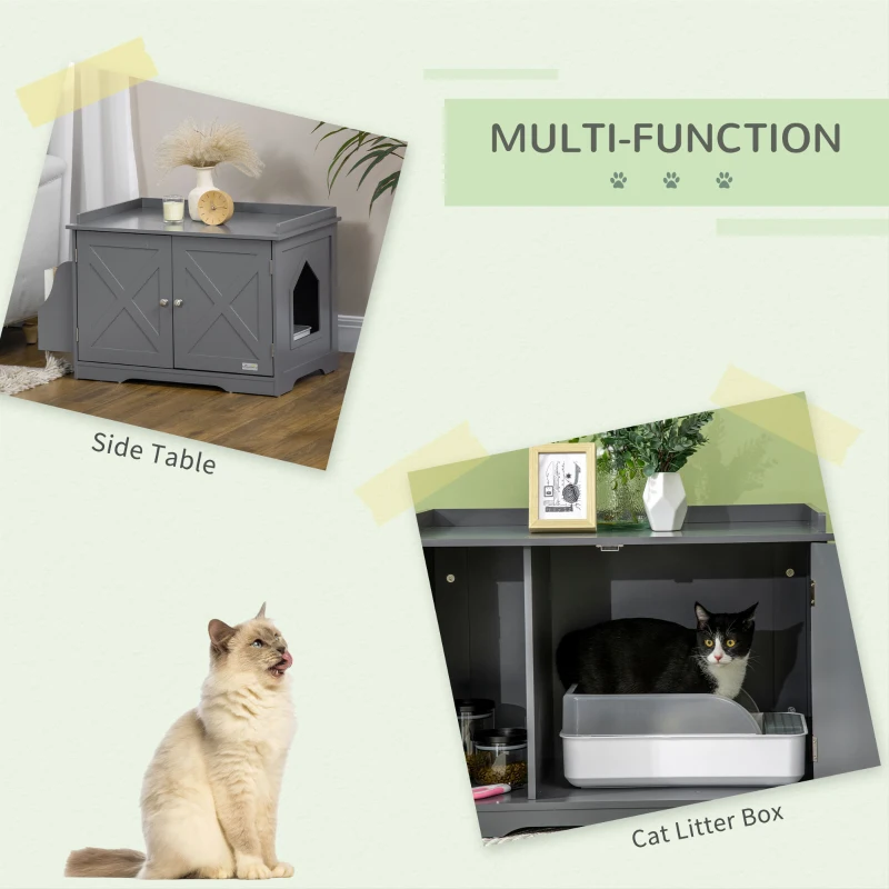 PawHut Wide & Large Cat Litter Box Furniture Hidden Farmhouse Table with Magnetic Doors, Big Covered Kitty Litter Box Enclosure Cabinet with Shelves, Pet Furniture Cat Gift Side Table, Grey