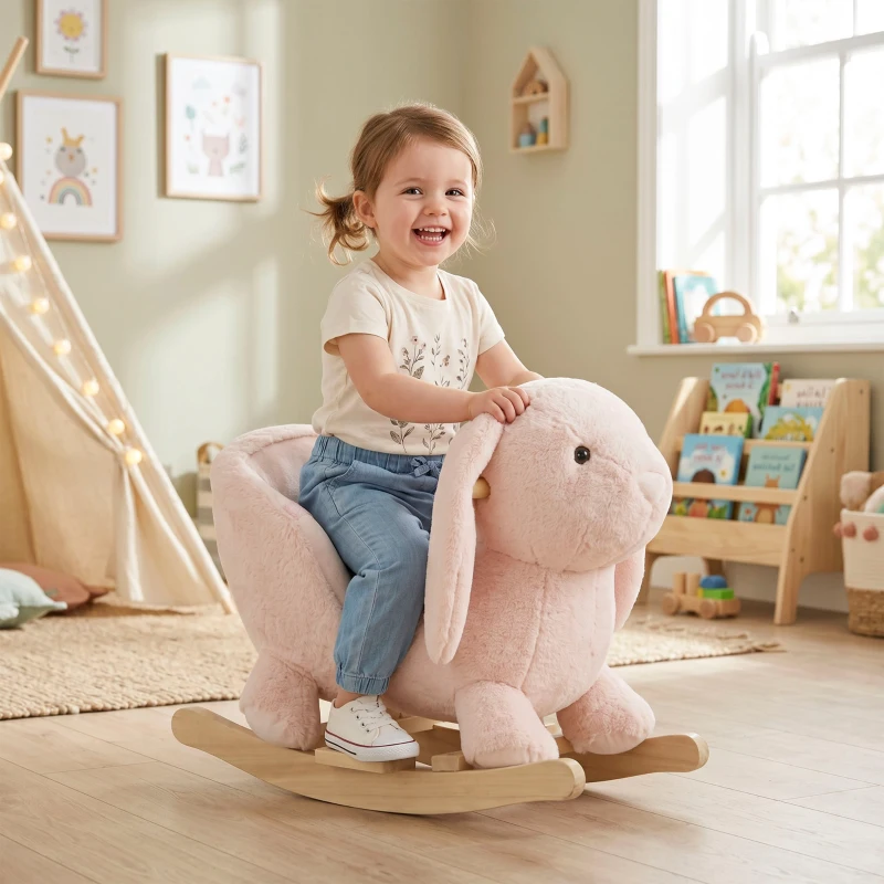 Qaba Rabbit Wooden Rocking Horse with Sound, Pink