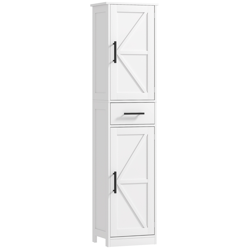 HOMCOM Farmhouse Linen Closet with Drawer, 67" Tall Bathroom Storage Cabinet with Barn Doors and Adjustable Shelves, White