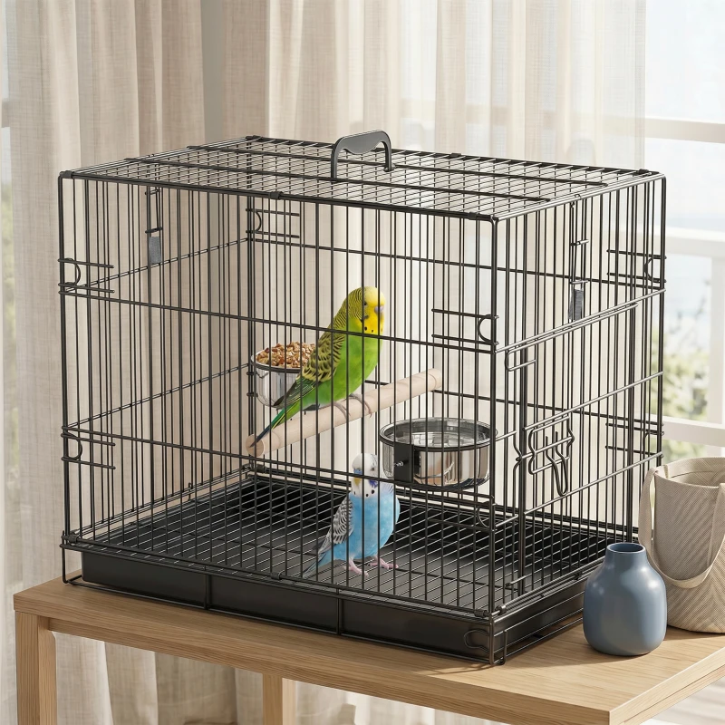 PawHut Bird Cage Portable w/ Slide-Out Tray Travel Cage for Parakeets w/ Perch & Food Bowls Black