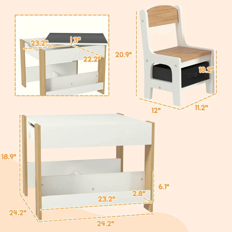 Qaba 3pc Kids Table and Chair Set with Reversible Tabletop Blackboard, Storage & Bookshelves, Natural