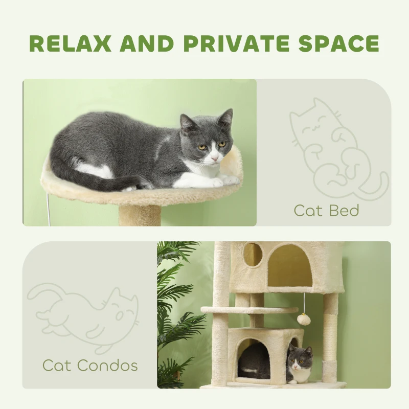 PawHut 54" Cat Tree, Multi-Level Cat Tower with Scratching Posts, Cat Condos, Bed, Platforms, Ramp, Toy Ball, Beige