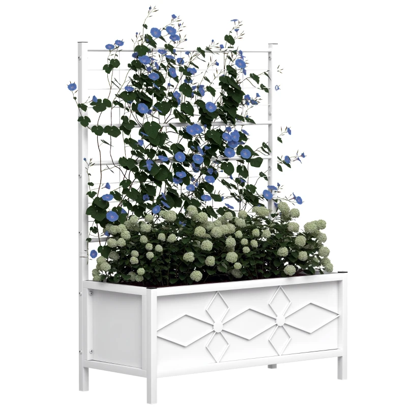 Outsunny Outdoor Planter Box Galvanized Raised Garden Bed with Trellis for Climbing Vines, 35.4" x 15.7" x 47.2", White