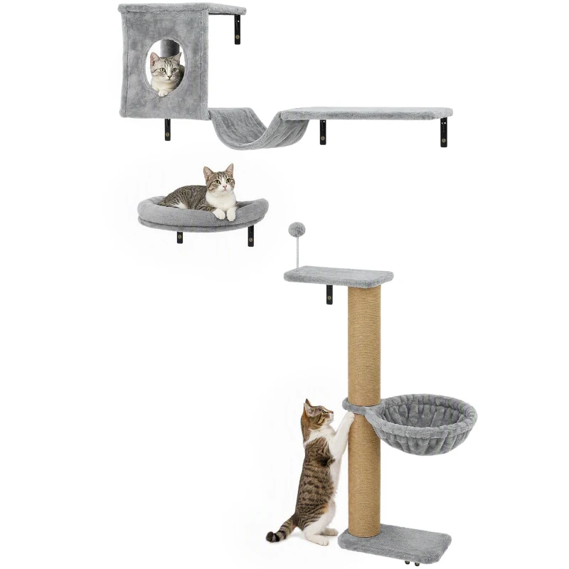 PawHut 3-In-1 Cat Wall Shelves with Condo, Bed, Hammock, Scratching Post and Spring Ball, Gray