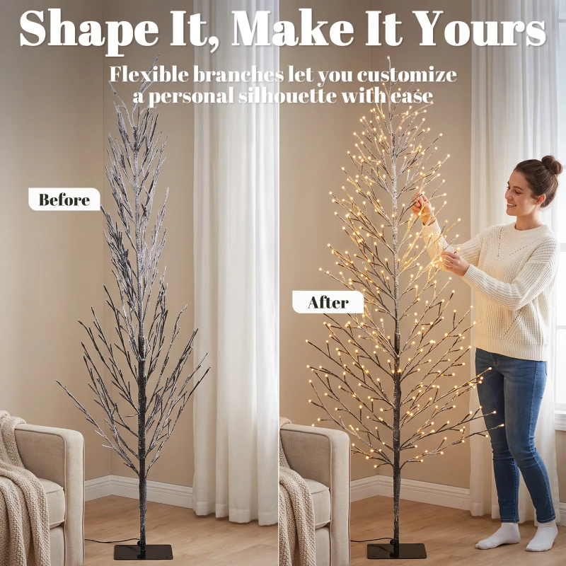 HOMCOM 6FT Lighted Snow-Flocked Twig Tree with Fairy Lights 328 LED, Artificial Tree for Home Indoor Sheltered Outdoor