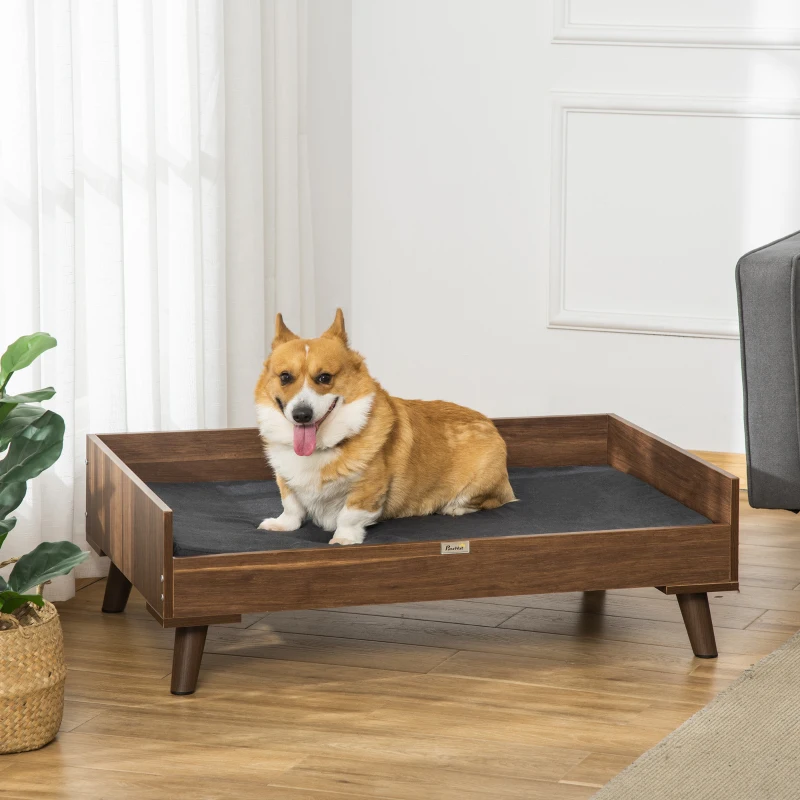 PawHut Elevated Dog Bed with Soft Sponge Cushion, Modern Wood Dog Bed, High and Upraised off of Durable Steel Legs, Coffee Bean, Jet Black