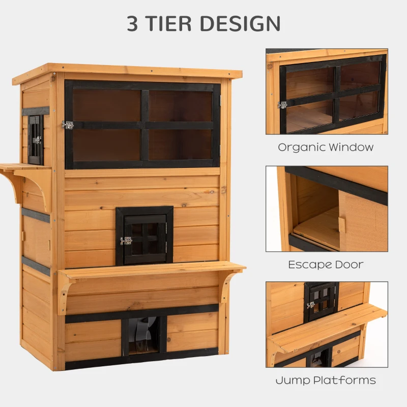 PawHut Cat House, Outdoor 3-Tier Kitty Shelter, Weather Resistant, w/ Escape Door