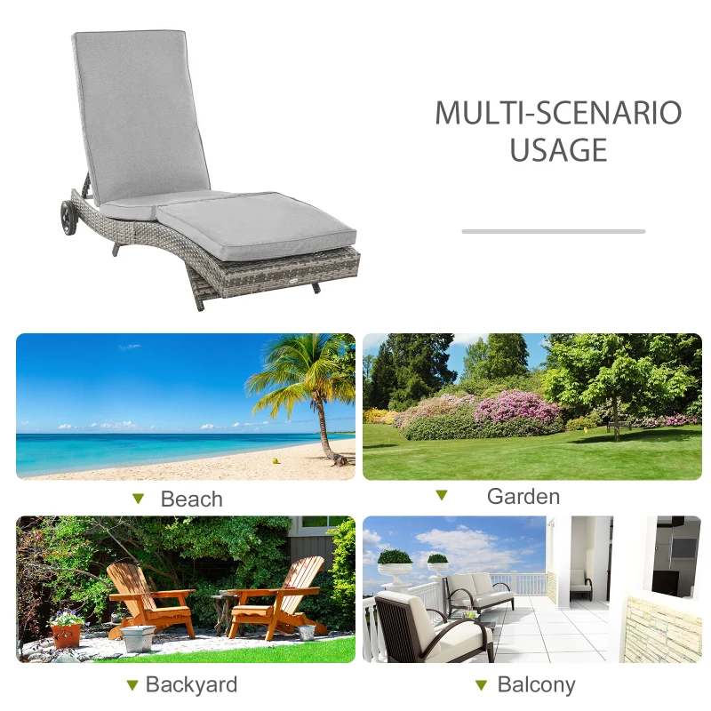 Outsunny Outdoor Adjustable Wicker Chaise Lounge Chair with Cushion & Wheels for Patio, Deck, Poolside, Grey