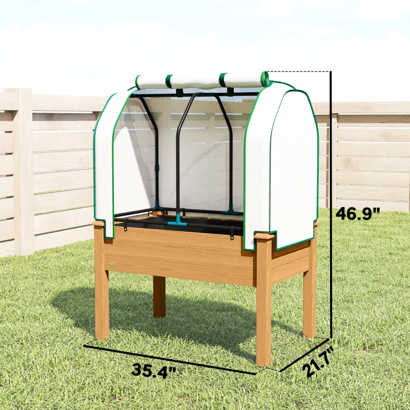 Outsunny Raised Garden Bed with PE Greenhouse Cover Outdoor Planter Box for Herbs and Vegetables, 35 x 22 x 47 inch, Sand